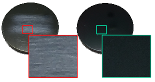 Ge結晶への砂消しゴム試験（左：未コート　右：DLCコート）